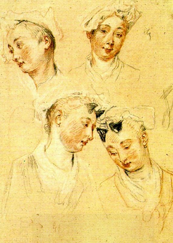 WATTEAU, Antoine fyra huvudstudier av ung kvinna China oil painting art